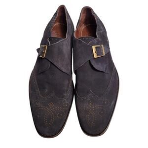 VELLAPAIS Dupone Brogue Monk Strap Shoe navy blue suede wingtip Mens size 9.5